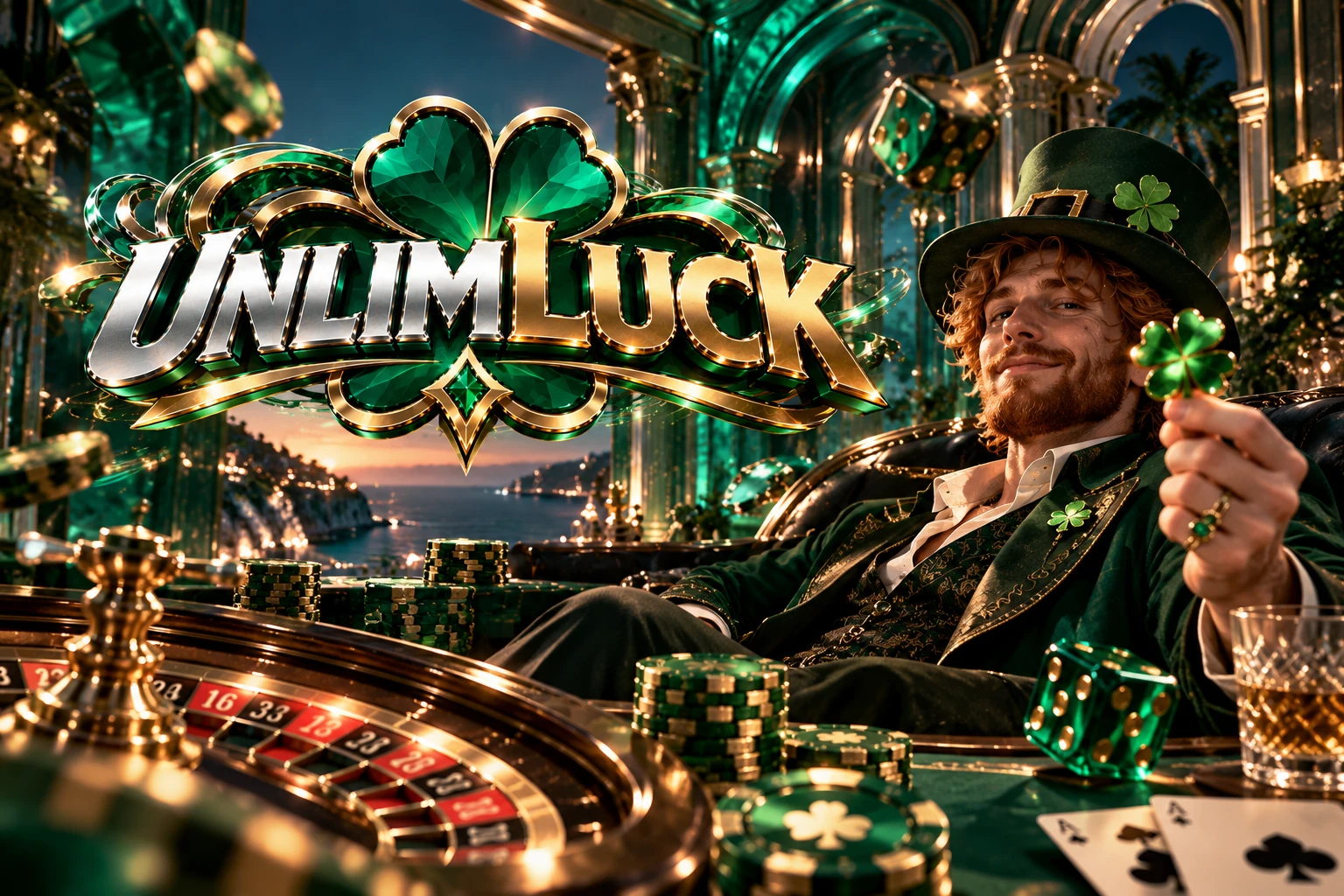 UnlimLuck Casino banner: emerald palace casino with roulette and lucky clover